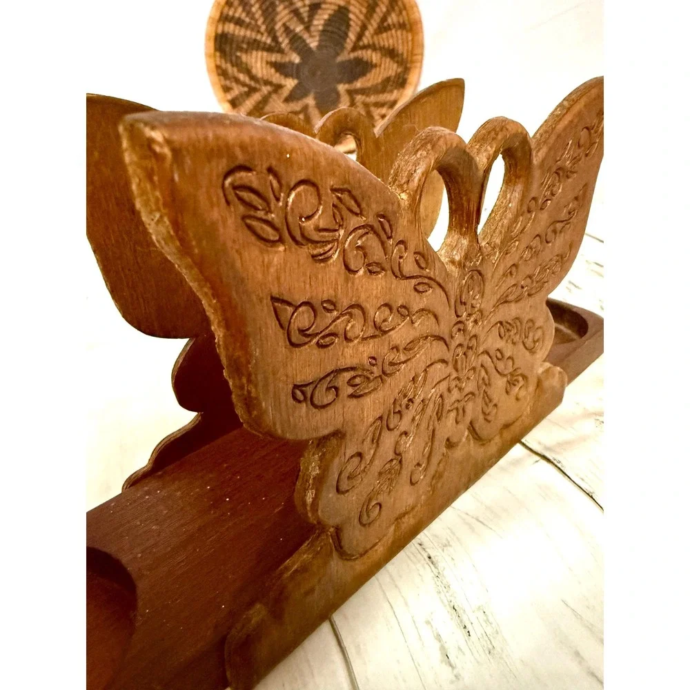 Vintage carved wooden butterfly napkin holder